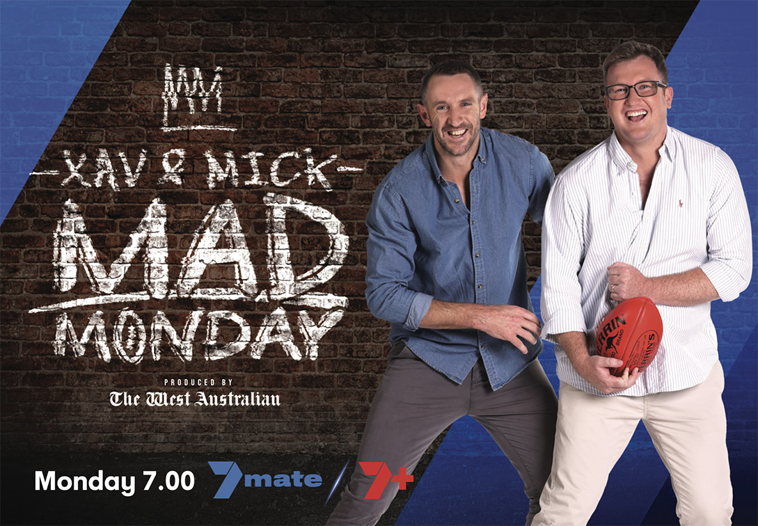 Every Monday is Mad Monday on 7mate, hosted by former AFL rivals Xavier Ellis and Michael Barlow